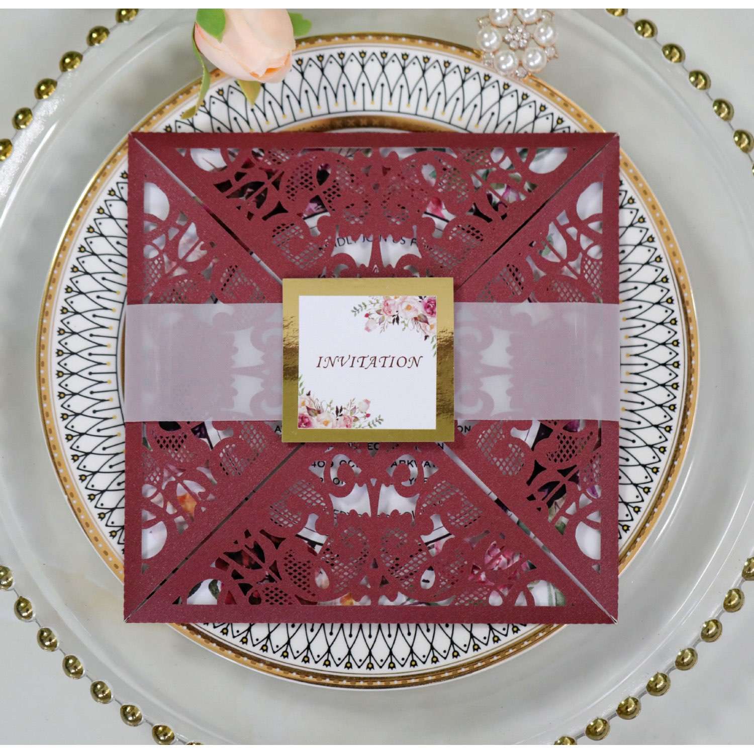 Square Invitation Card Wedding Supplies Laser Cut Iridescent Paper Greeting Card
